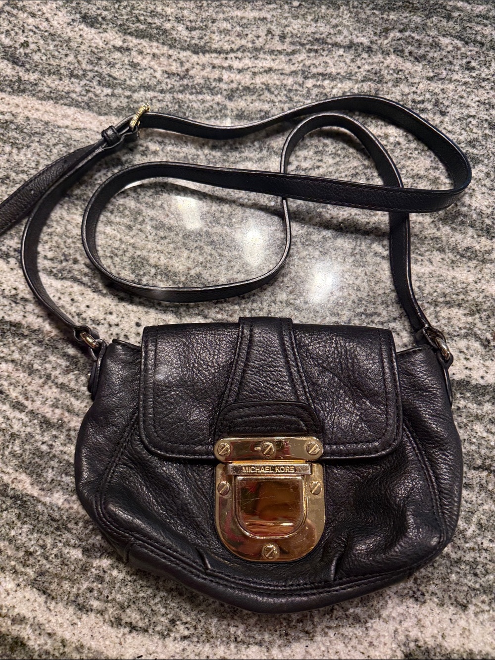 Michael Kors Black Leather Crossbody with Gold Turn-Lock